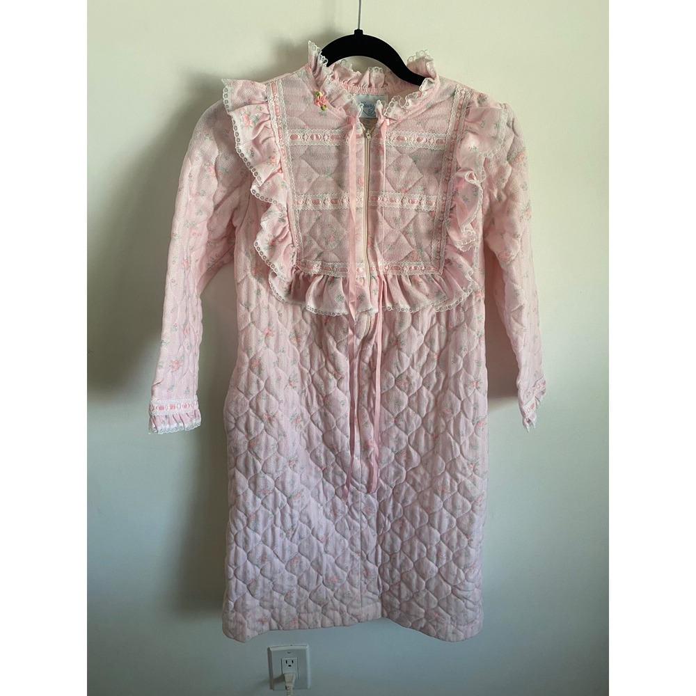 Laura Dare Girls Pink Floral Quilted Robe Lace Ruffle Zipper Front Size 8 5069